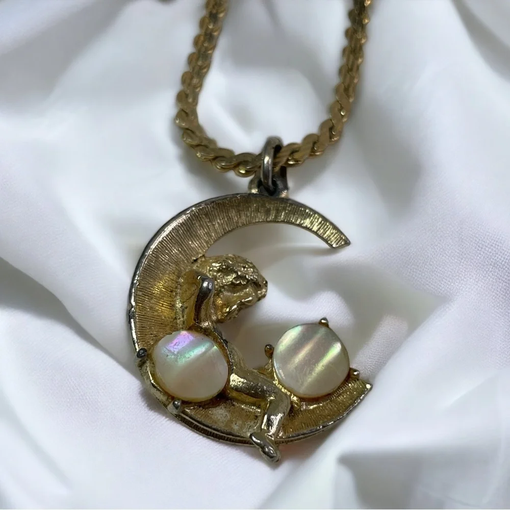 Vintage 1960s Angel on Moon with Mother of Pearl Gold Plated Pendant Necklace